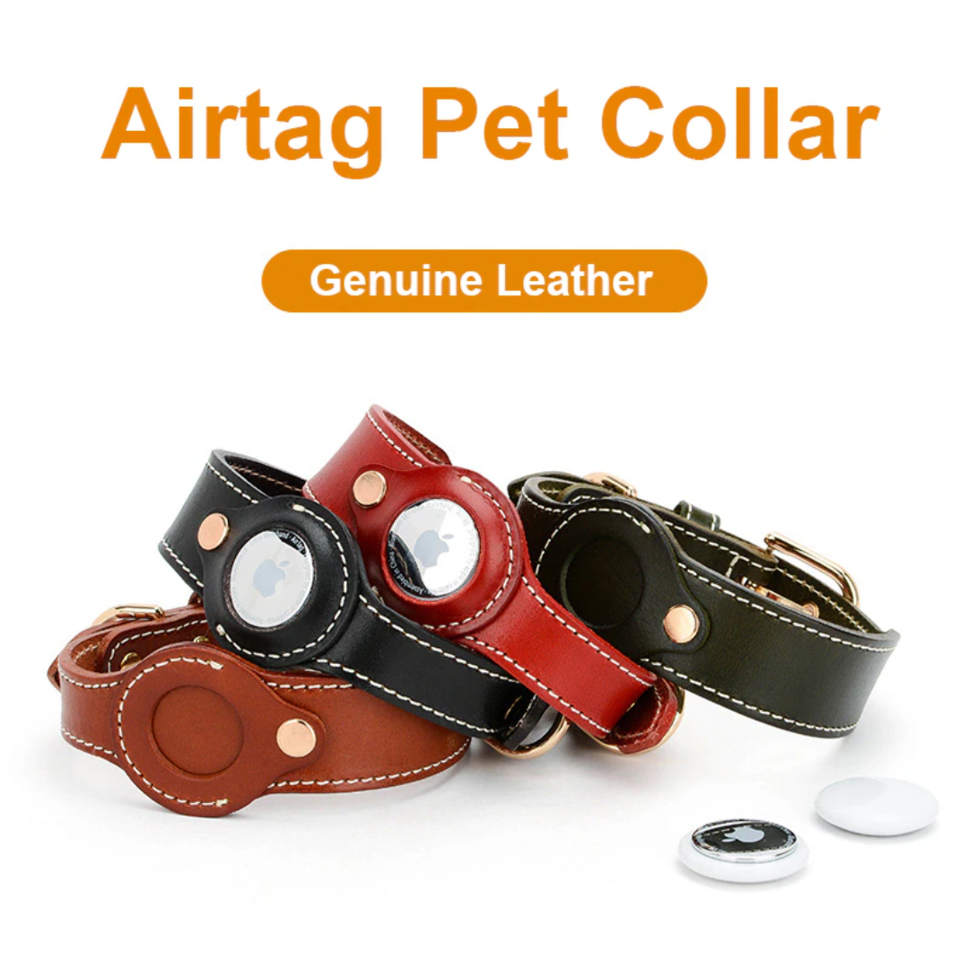 Luxury Leather Airtags Pet Collar for Dogs - Black