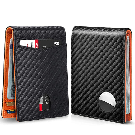 My Trackers RFID Carbon Fiber Leather Wallet with AirTag Holder - Black Luxury Design